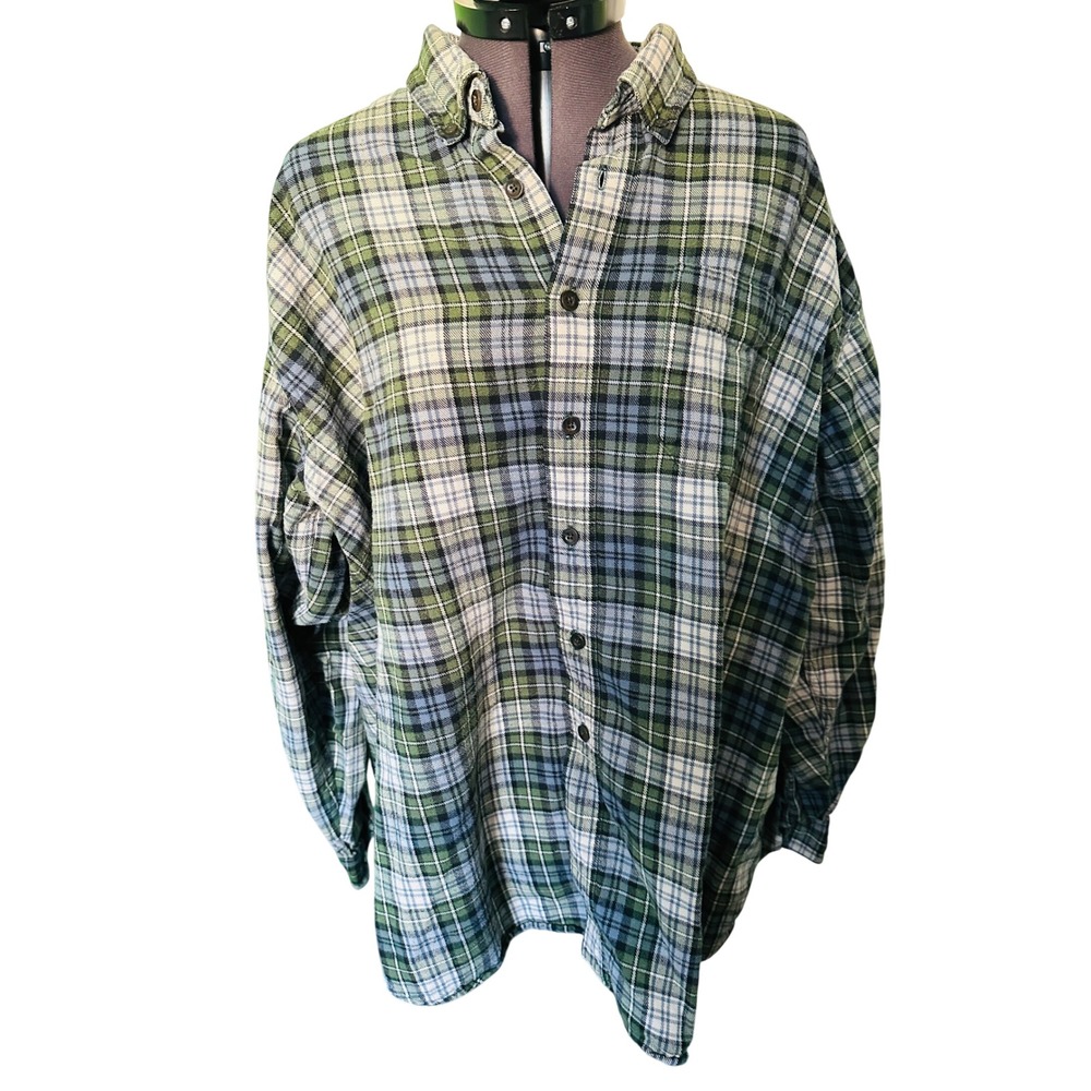 LL Bean Plaid Flannel Shirt Mens XXL Long Sleeve Button Up Green Blue‎ Cotton